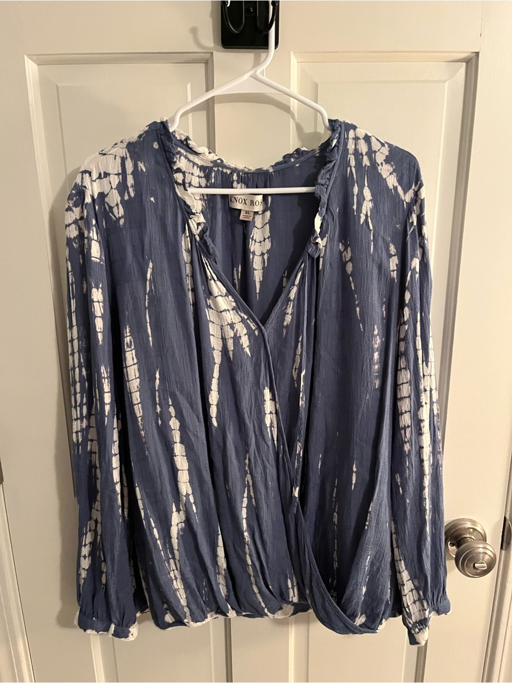 Knox Rose Navy and White Tie-Dye Wrap Blouse